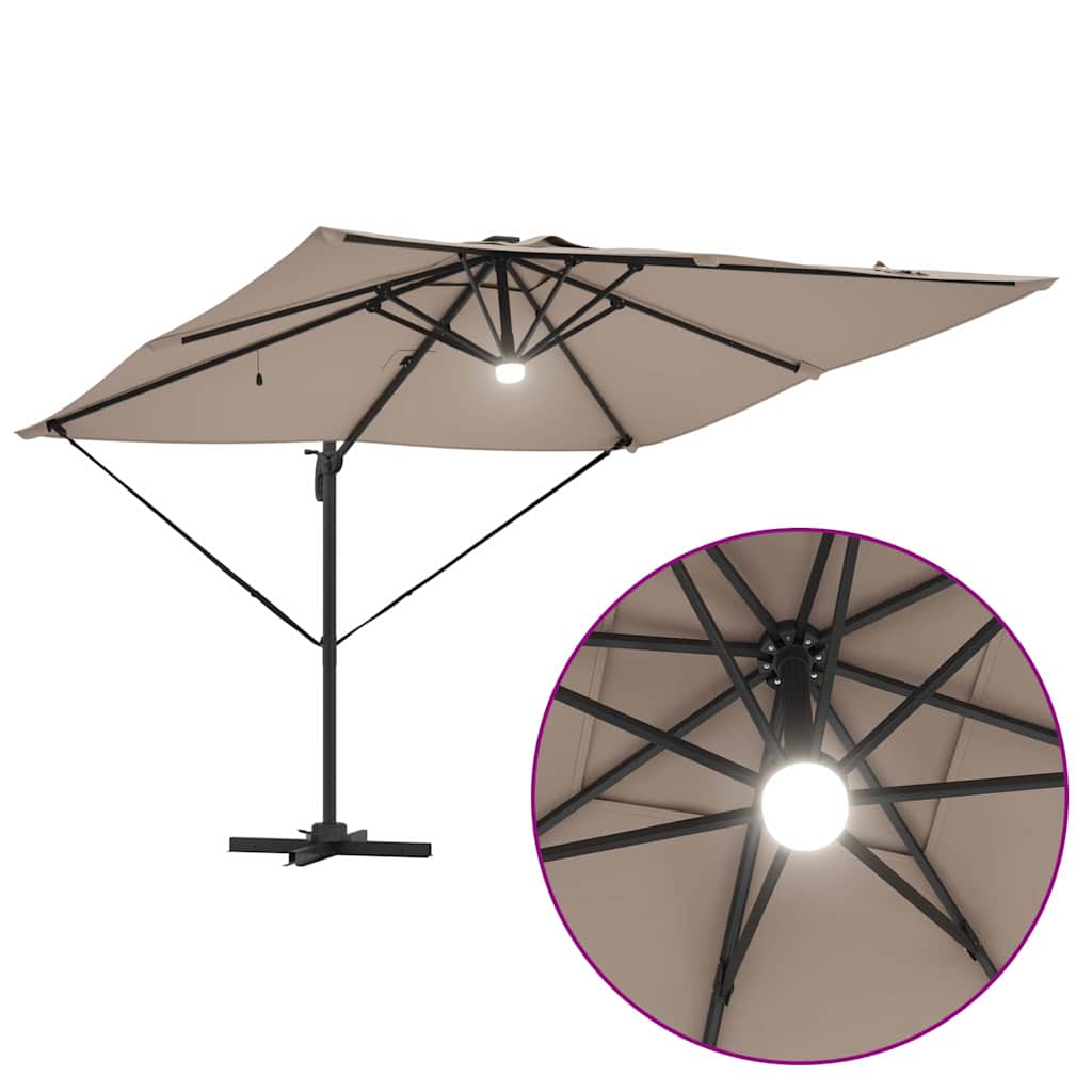 Cantilever Roma Parasol med LED-lamper i taupe, 286 x 285 x 270 cm av aluminium.