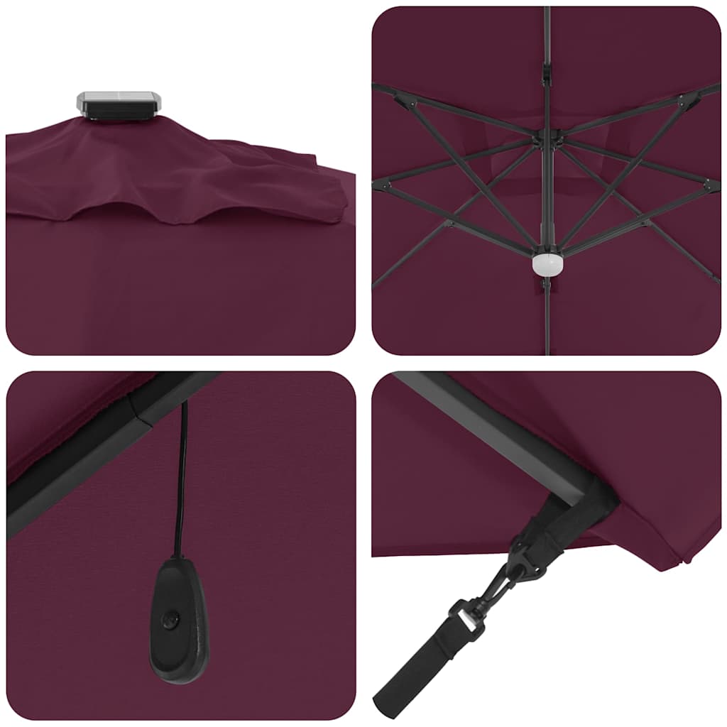 Cantilever Roma Parasol med LED-lamper, bordeaux rød, 286 x 284 x 270 cm, aluminium.