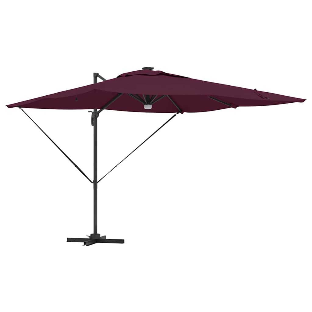 Cantilever Roma Parasol med LED-lamper, bordeaux rød, 286 x 284 x 270 cm, aluminium.