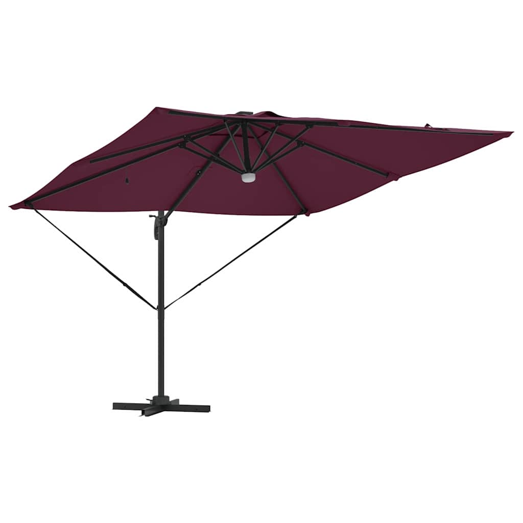 Cantilever Roma Parasol med LED-lamper, bordeaux rød, 286 x 284 x 270 cm, aluminium.