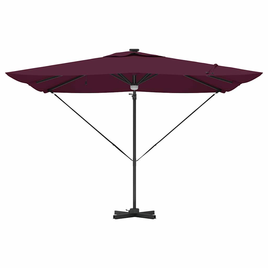 Cantilever Roma Parasol med LED-lamper, bordeaux rød, 286 x 284 x 270 cm, aluminium.