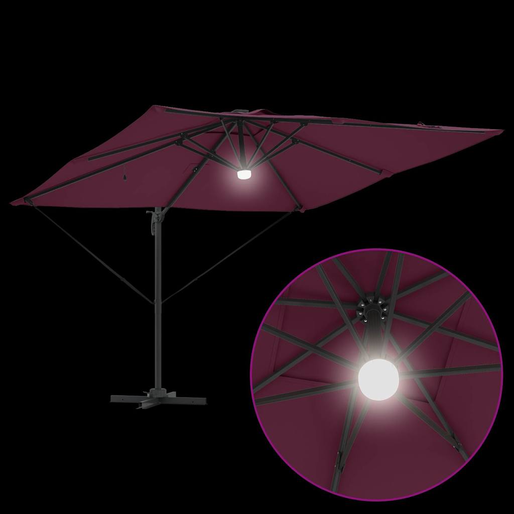 Cantilever Roma Parasol med LED-lamper, bordeaux rød, 286 x 284 x 270 cm, aluminium.