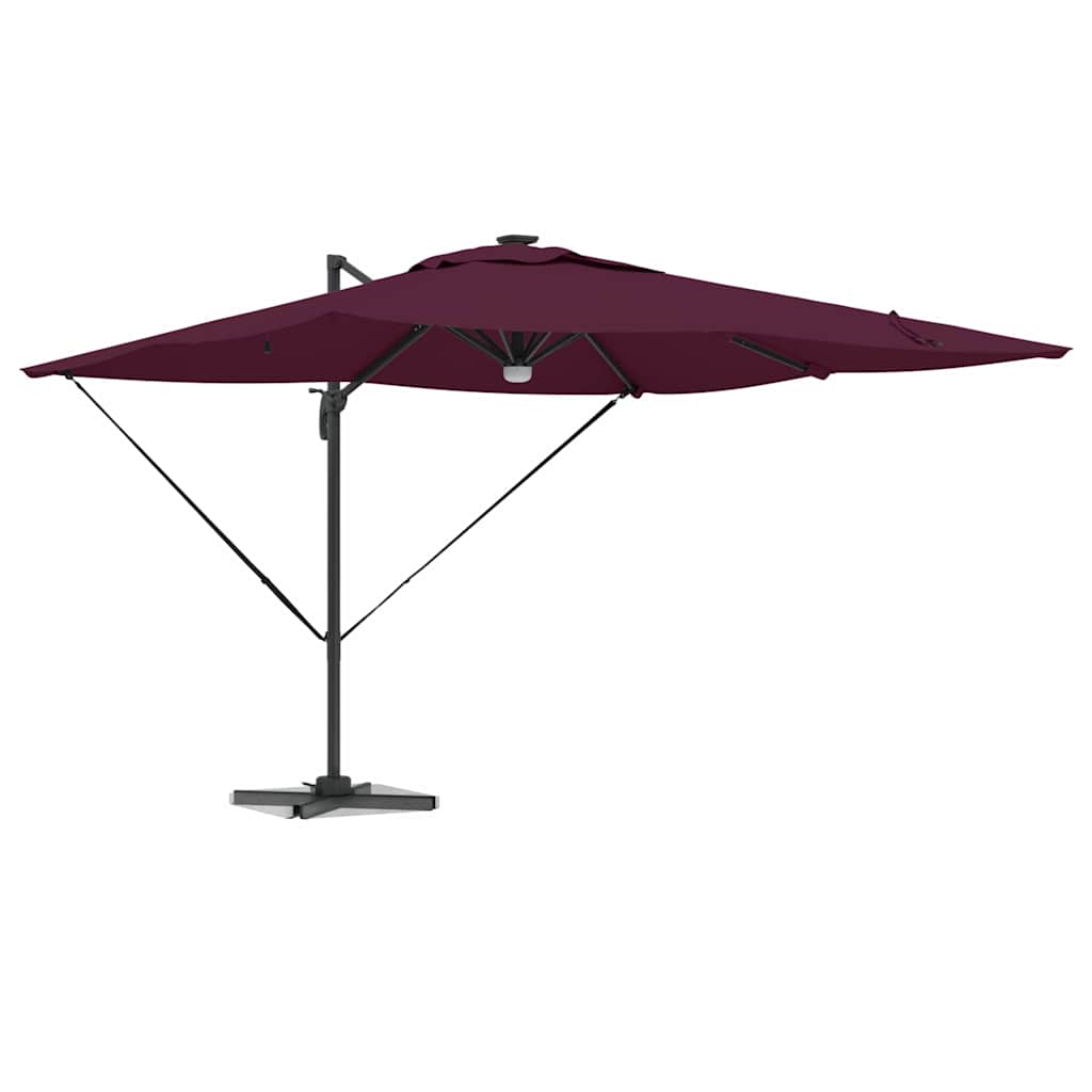 Cantilever Roma Parasol med LED-lamper, bordeaux rød, 286 x 284 x 270 cm, aluminium.