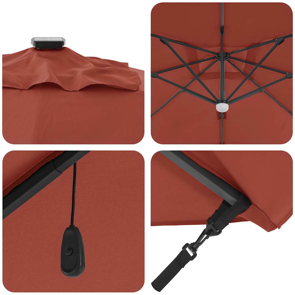 Cantilever Roma Parasol med LED-lamper i terrakotta, 286 x 285 x 270 cm, laget av aluminium.