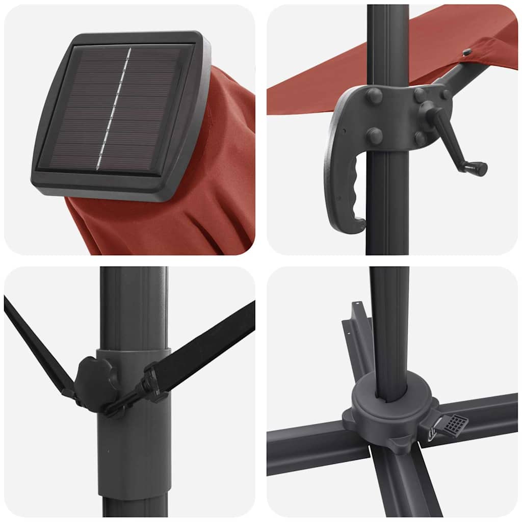Cantilever Roma Parasol med LED-lamper i terrakotta, 286 x 285 x 270 cm, laget av aluminium.