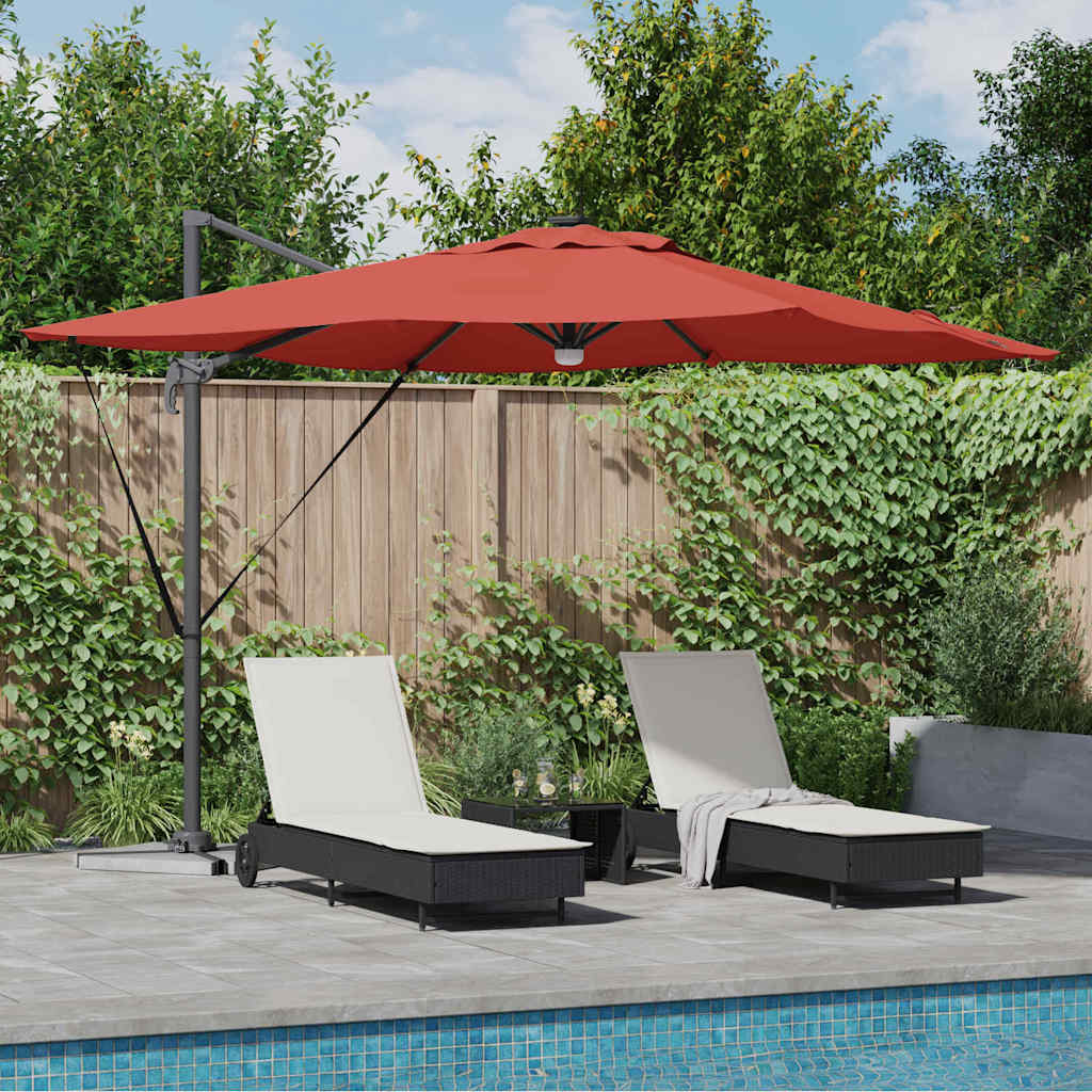Cantilever Roma Parasol med LED-lamper i terrakotta, 286 x 285 x 270 cm, laget av aluminium.