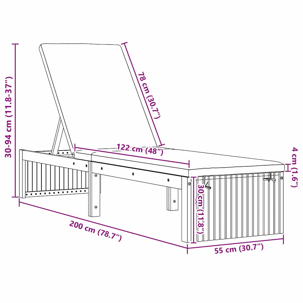 Solseng med pute 200x55x30 cm Solid akasietre