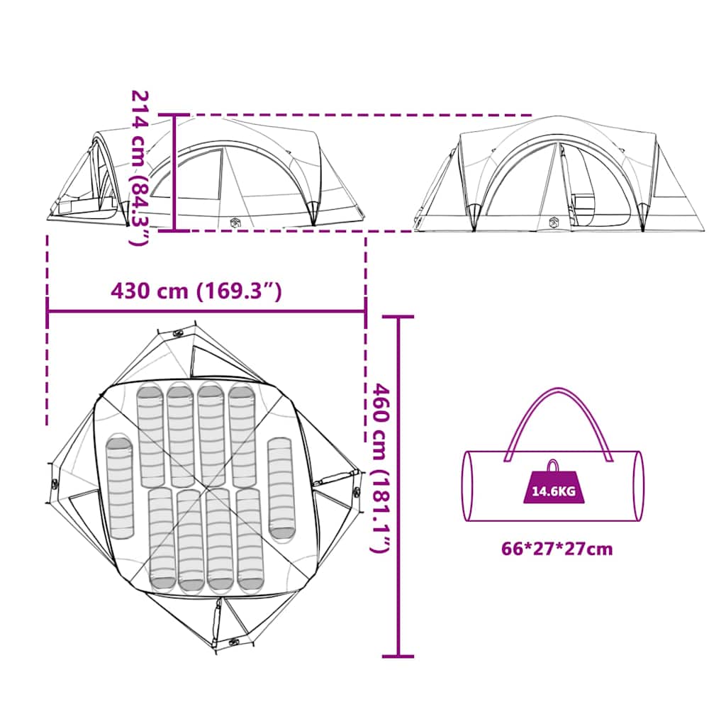 Familietelt med tak med lagring Blå og grå 460 x 430 x 214 cm