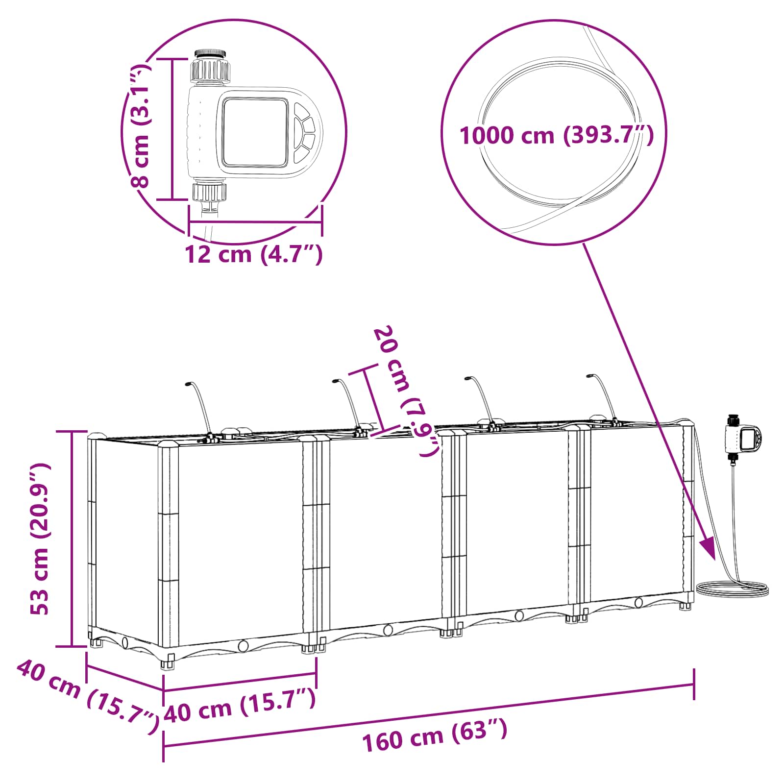 Hageblomsterpotte 4 pcs Svart 160 x 40 x 53 cm Stål