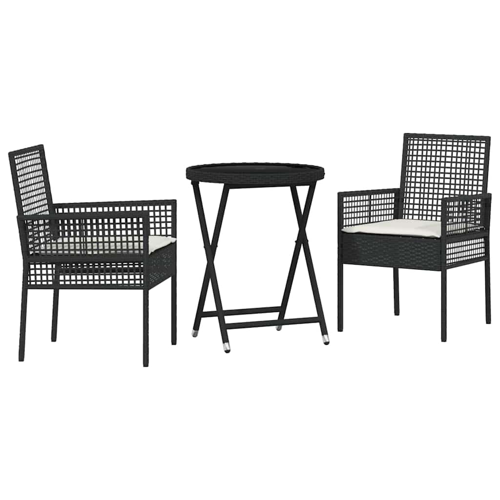 3-delt hage bistro sett med puter svart polyrotting