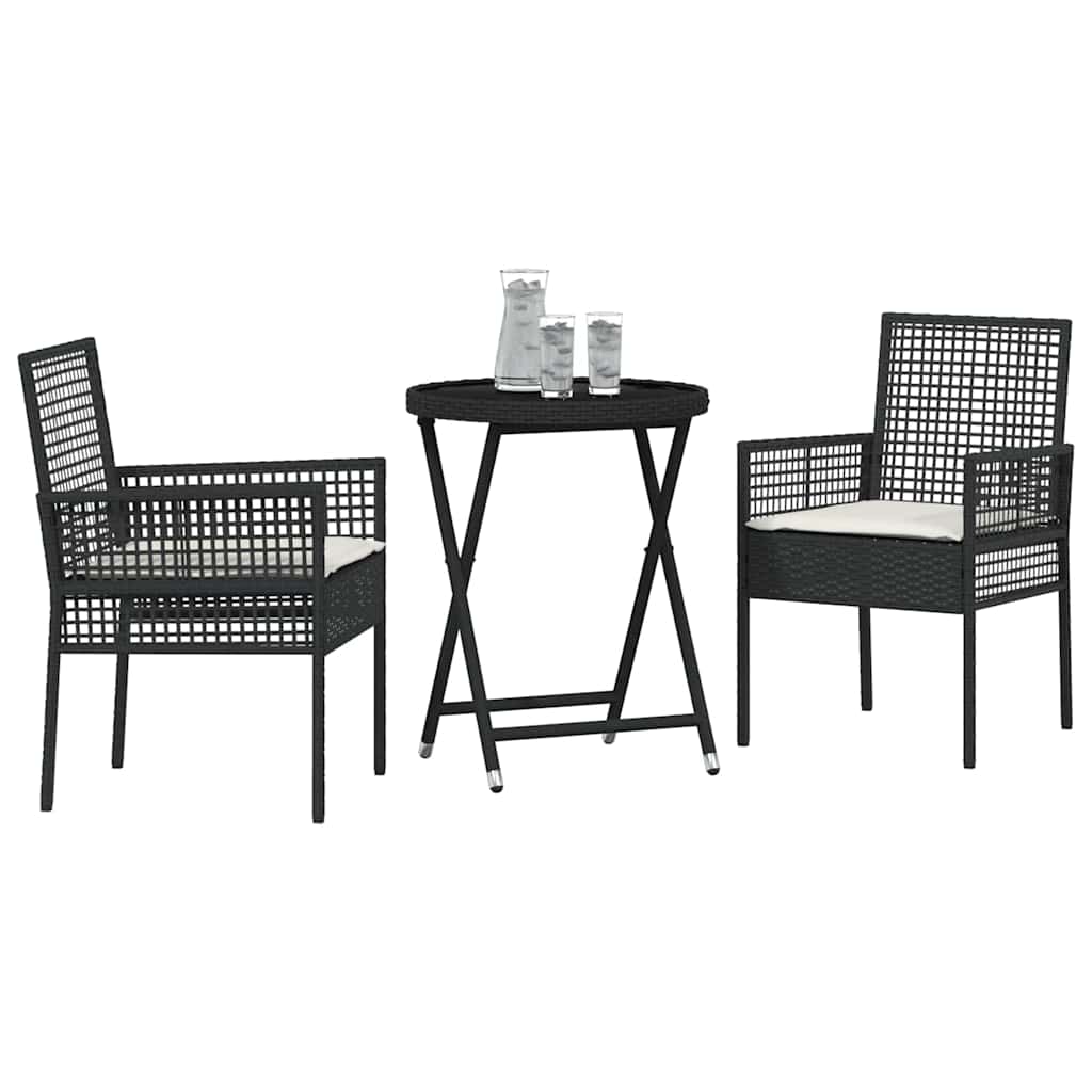3-delt hage bistro sett med puter svart polyrotting