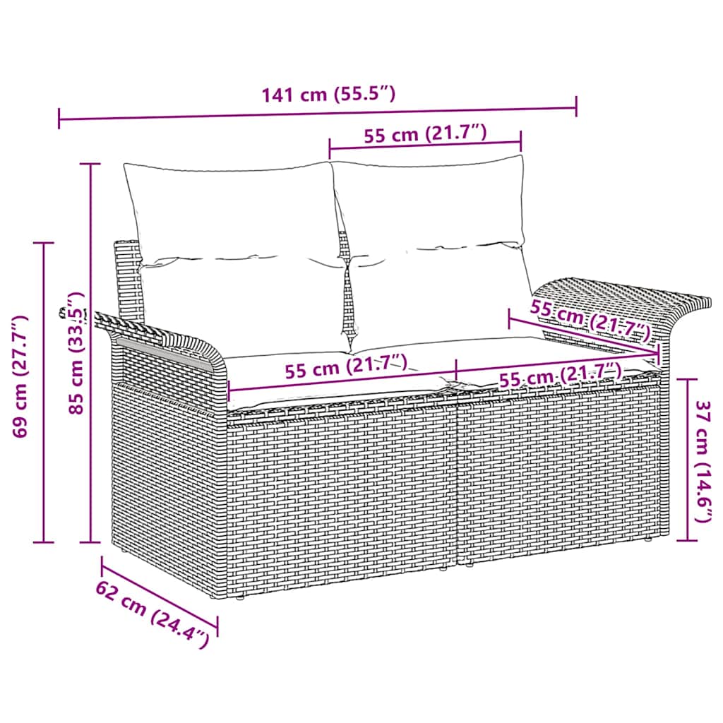 2-seters hage-sofa med puter Brun Poly Rattan
