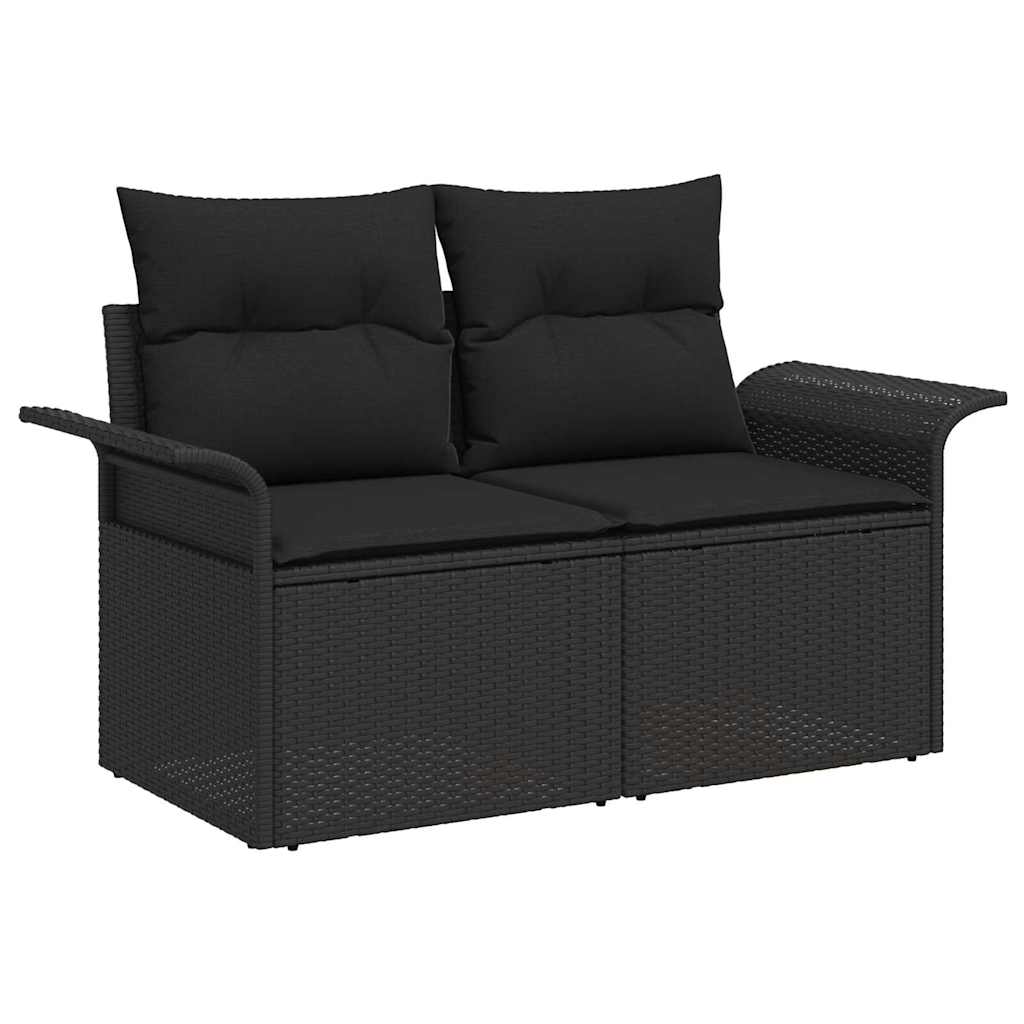 2-seters hagesofa med oppbevaring & puter svart poly rattan
