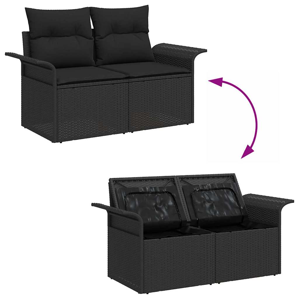 2-seters hagesofa med oppbevaring & puter svart poly rattan