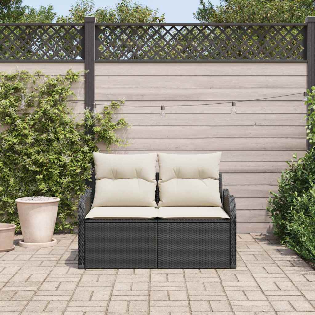 2-seters hage-sofa med oppbevaring og puter svart polyrotting