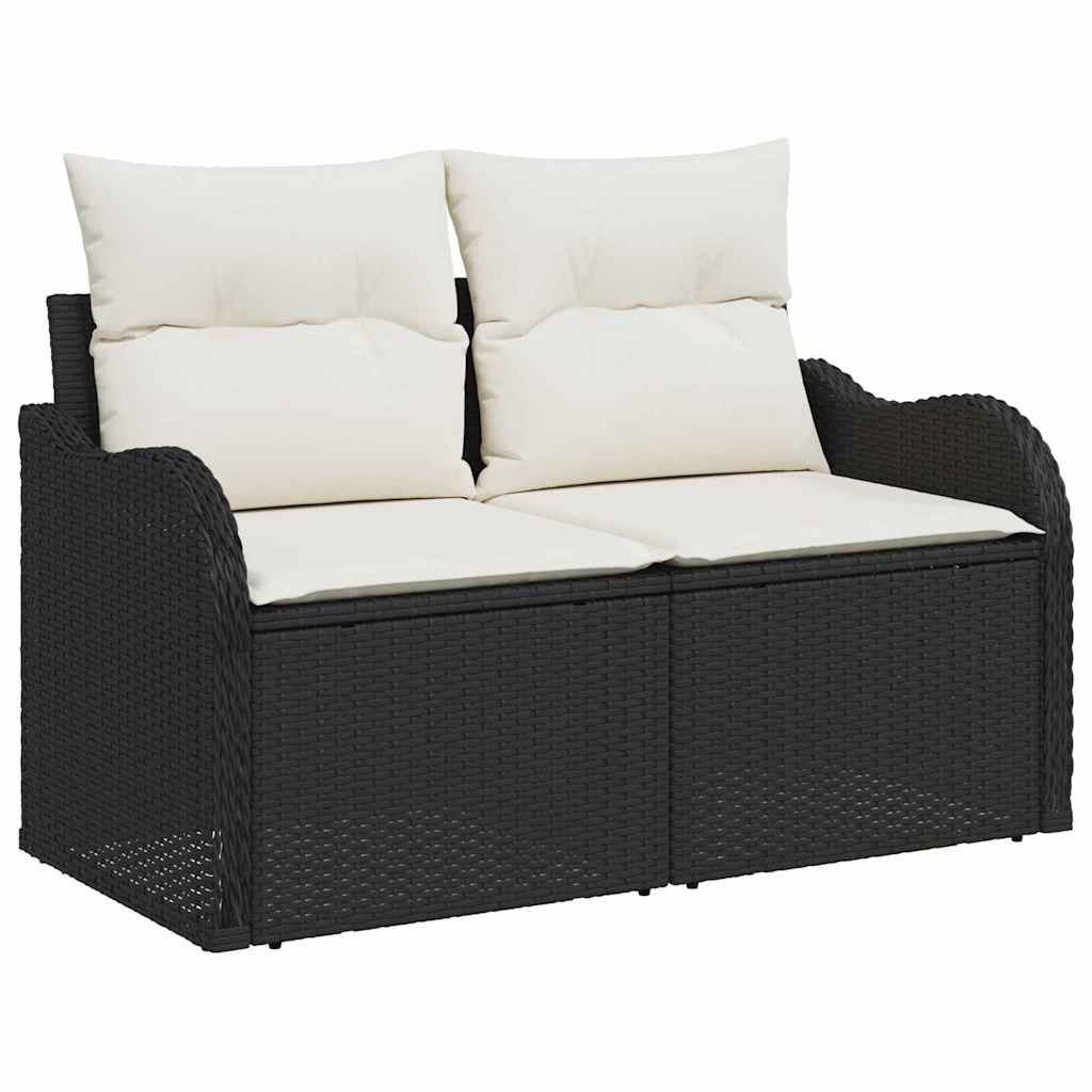 2-seters hage-sofa med oppbevaring og puter svart polyrotting