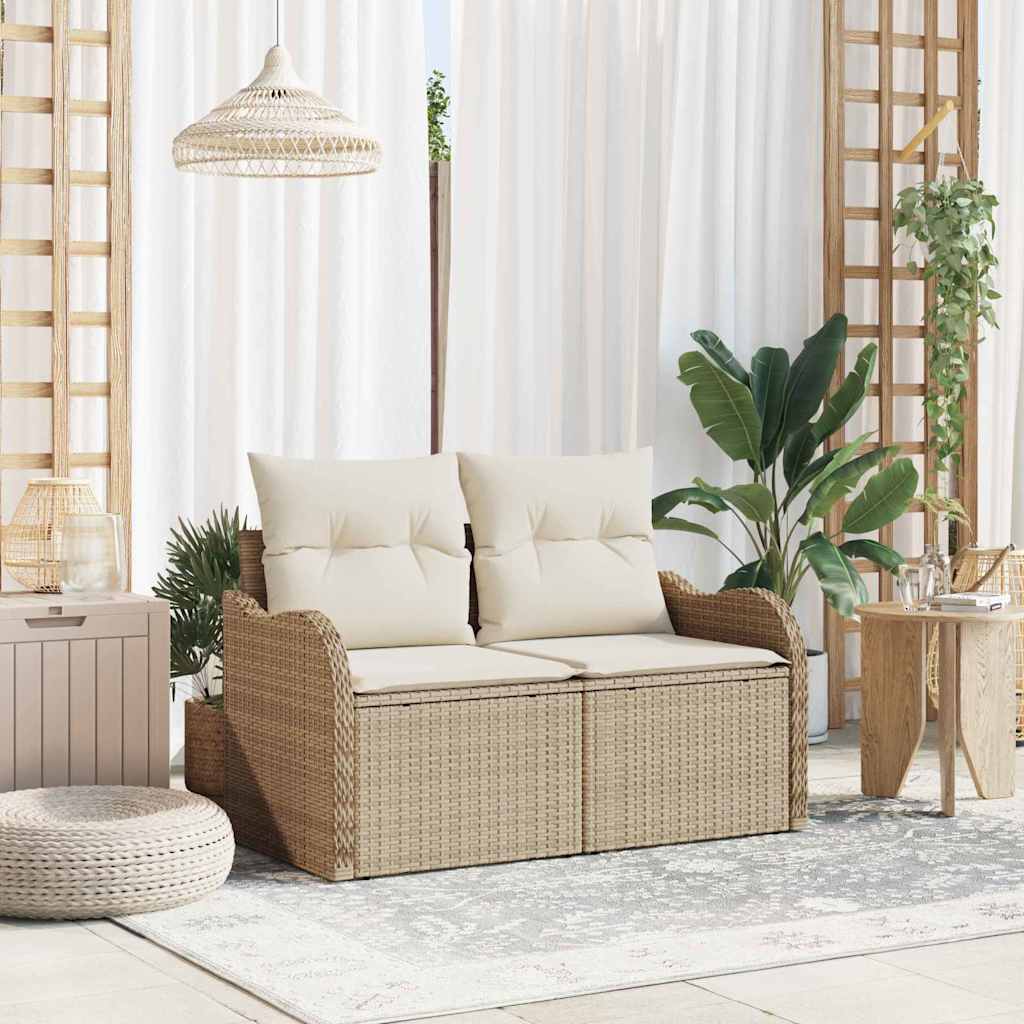2-seters hagemøbel med oppbevaring og puter i beige poly-rattan