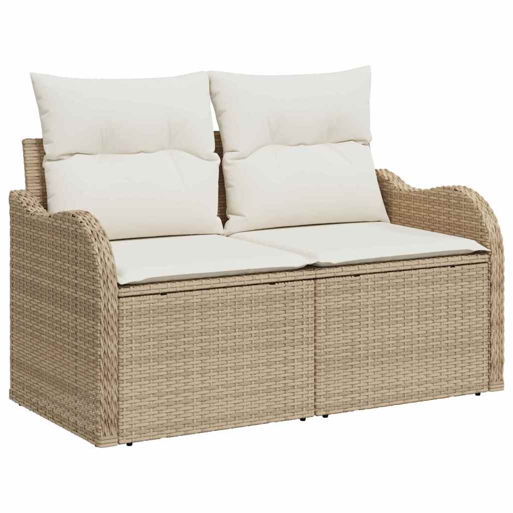 2-seters hagemøbel med oppbevaring og puter i beige poly-rattan