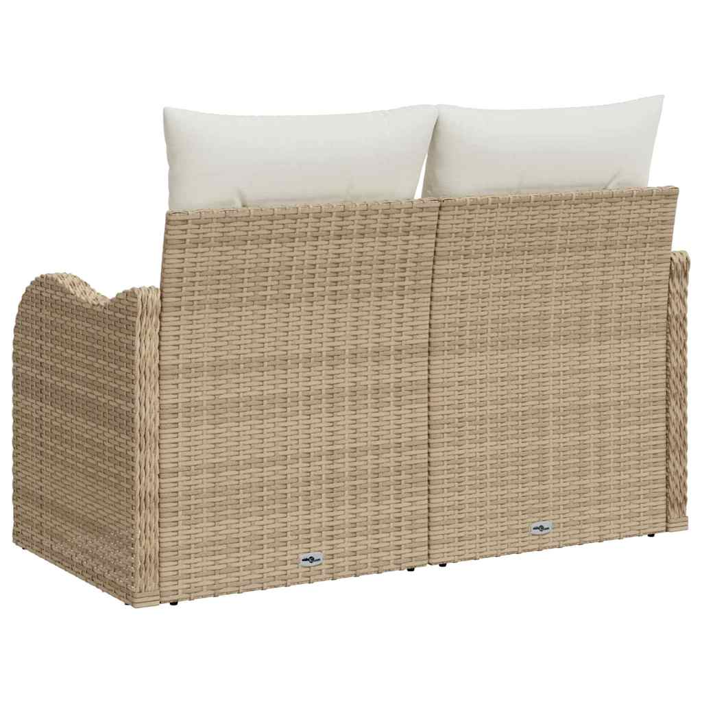 2-seters hagemøbel med oppbevaring og puter i beige poly-rattan