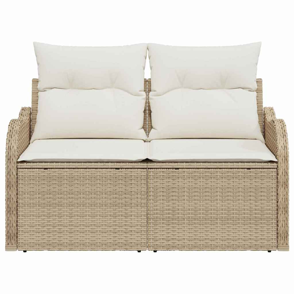 2-seters hagemøbel med oppbevaring og puter i beige poly-rattan