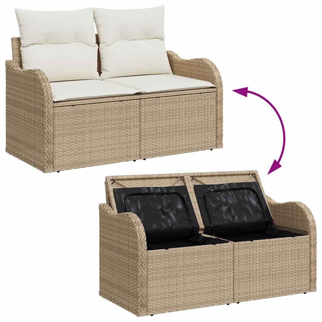 2-seters hagemøbel med oppbevaring og puter i beige poly-rattan