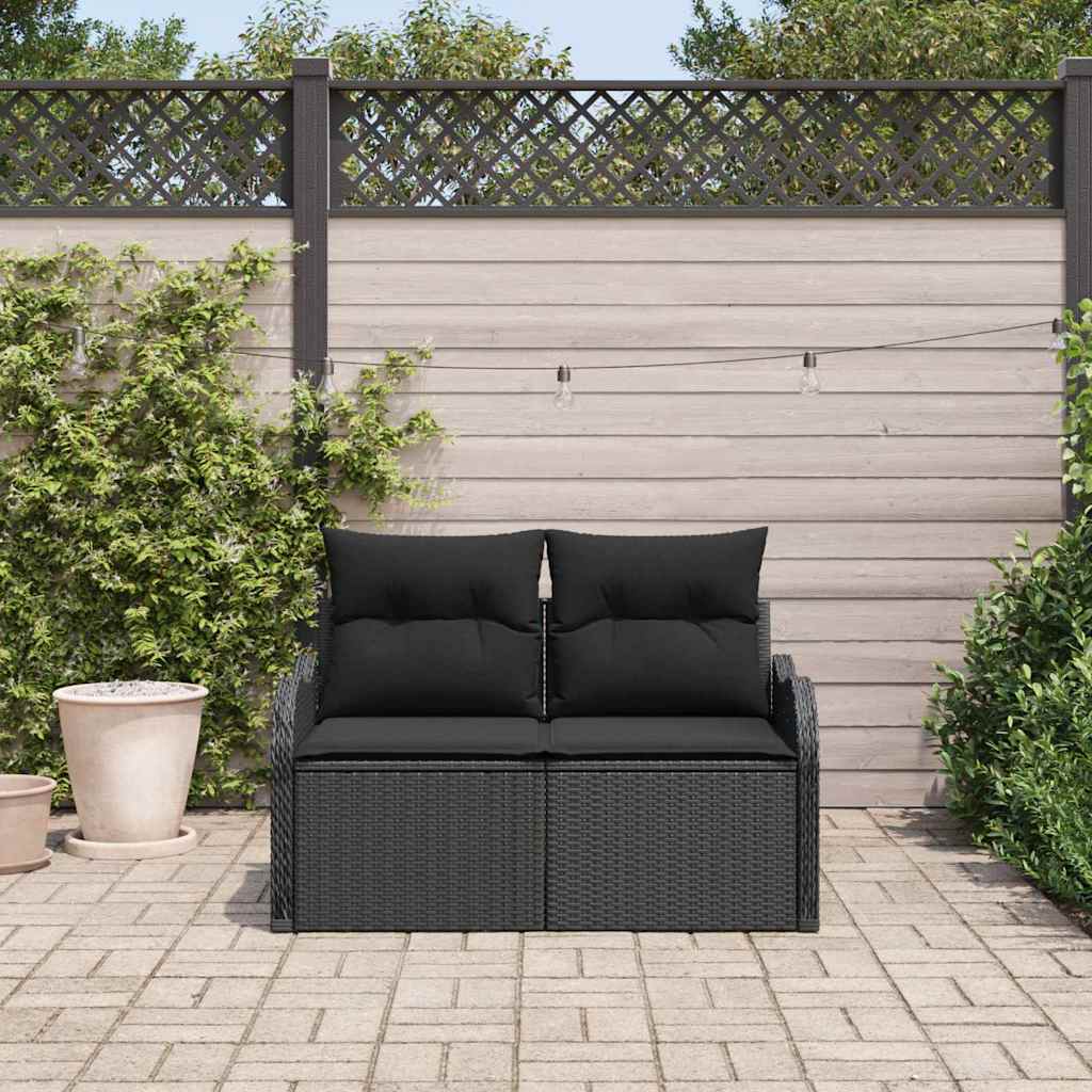 2-seters hage-sofa med lagring og puter svart polyrotting