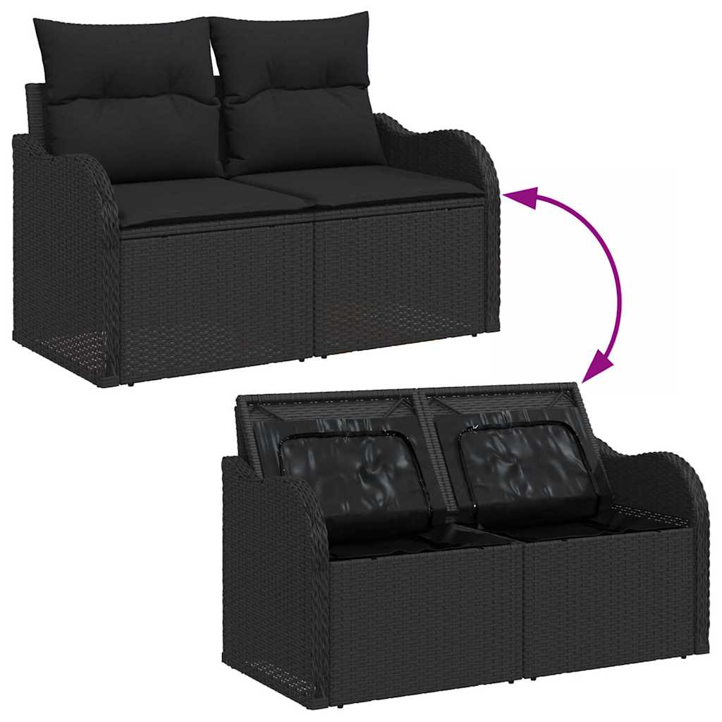 2-seters hage-sofa med lagring og puter svart polyrotting