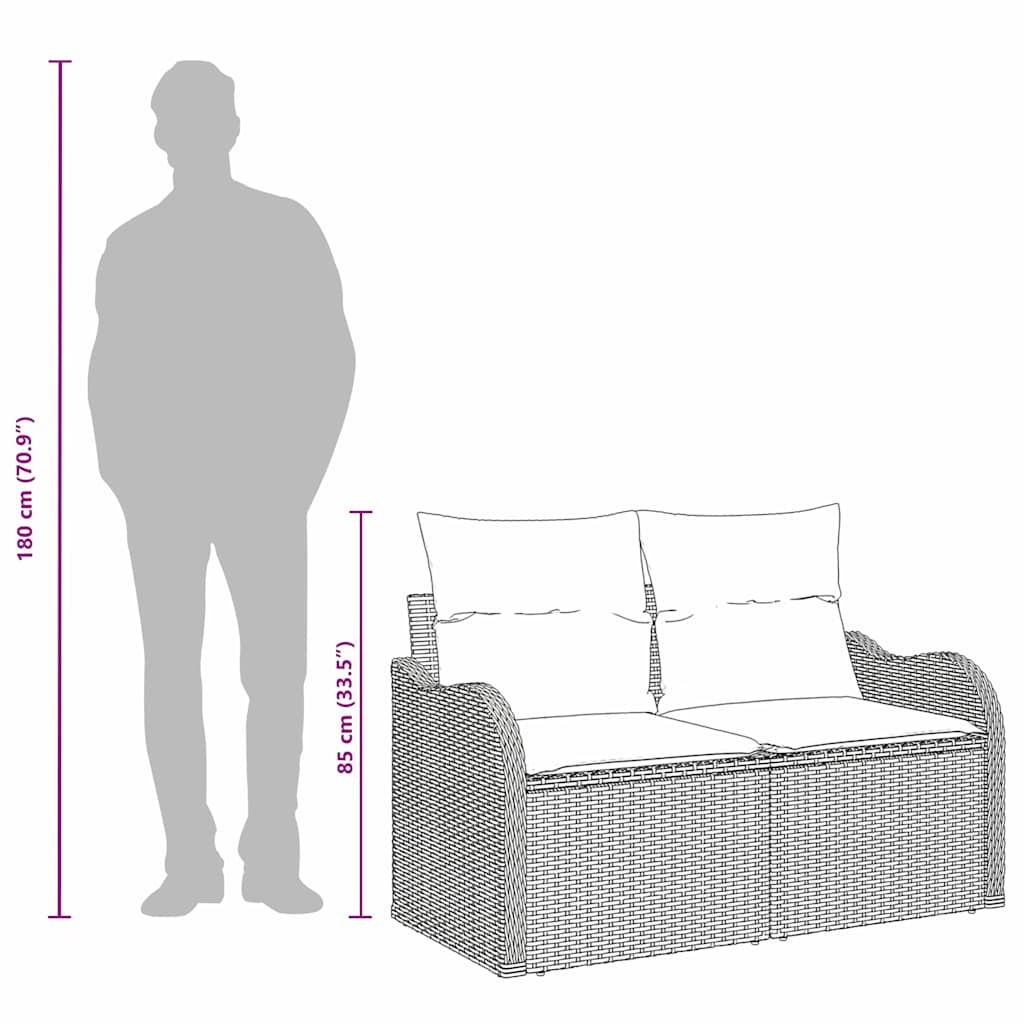 2-seters hage-sofa med lagring og puter svart polyrotting