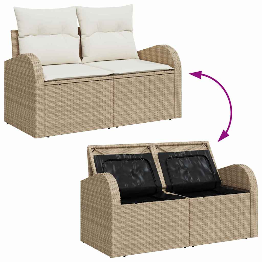 2-seters hagesofa med oppbevaring og puter i beige polyrotting