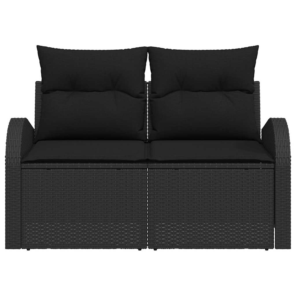 2-seters hagesofa med lagring & puter svart polyrotting