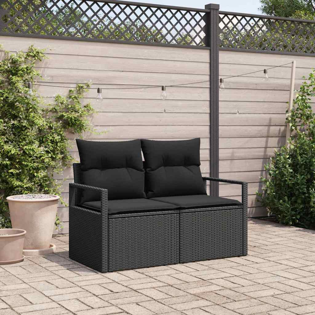 2-seters hage-sofa med puter svart poly-rattan