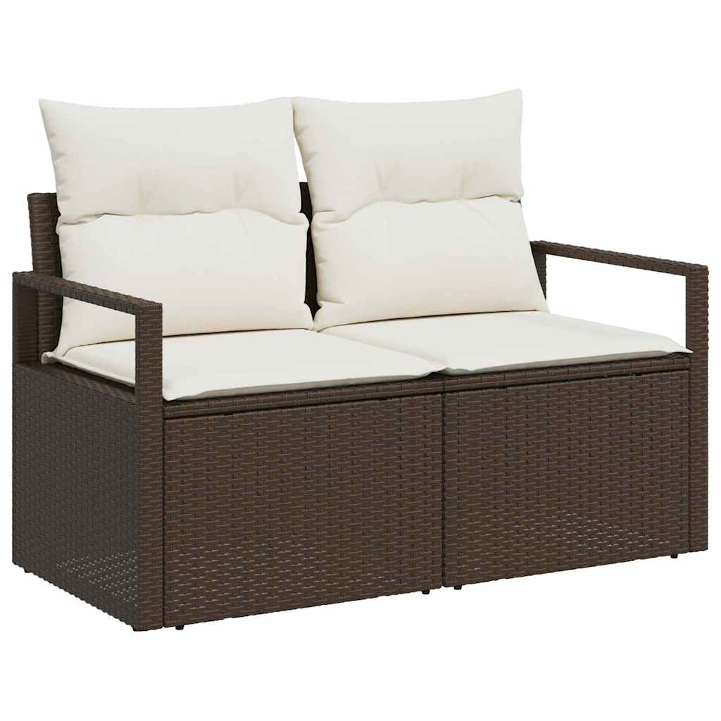 2-seters hage-sofa med oppbevaring og puter brun polyrotting