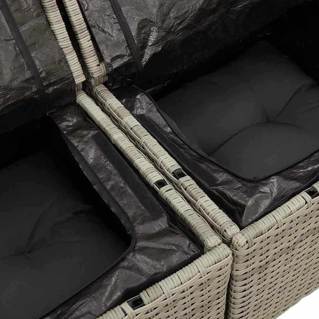 2-seters hagesofa med oppbevaring og puter grå poly rattan