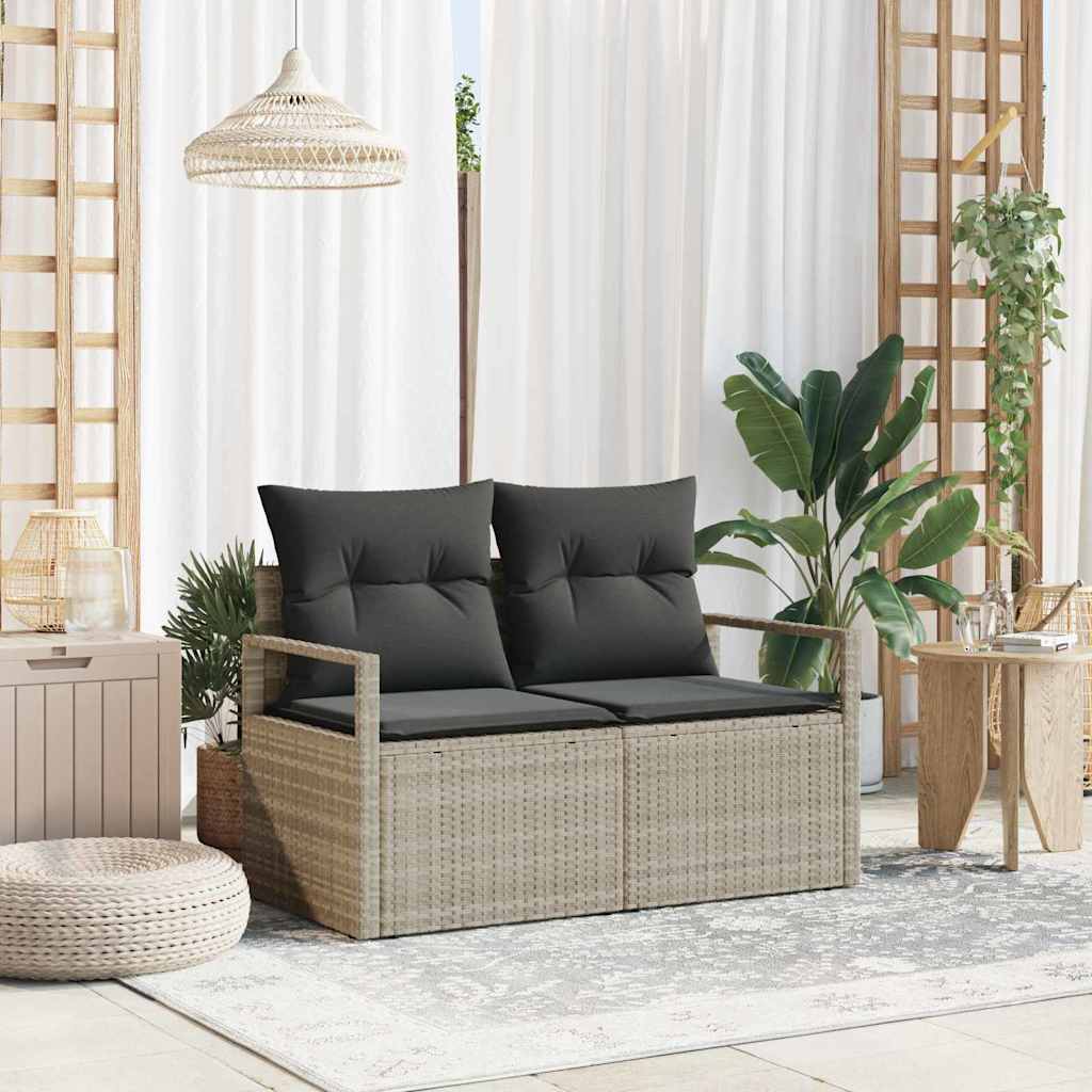 2-seters hagesofa med oppbevaring og puter grå poly rattan
