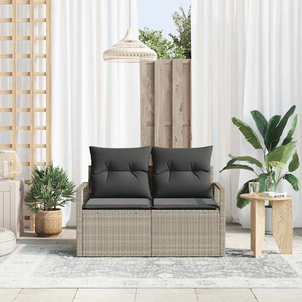 2-seters hagesofa med oppbevaring og puter grå poly rattan