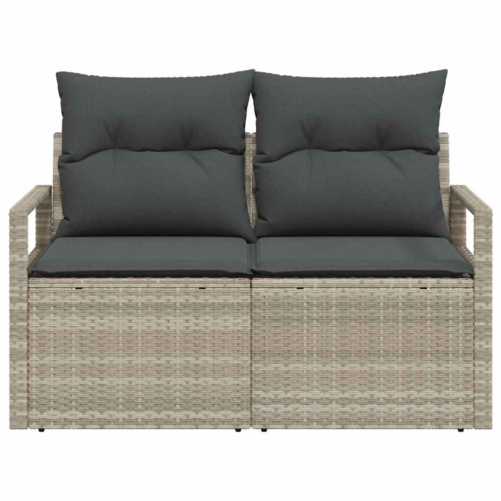 2-seters hagesofa med oppbevaring og puter grå poly rattan