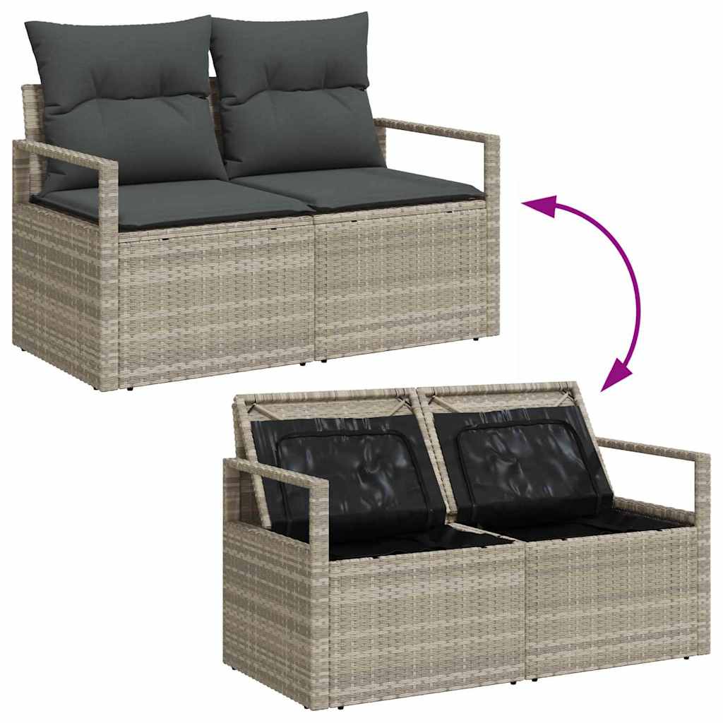 2-seters hagesofa med oppbevaring og puter grå poly rattan