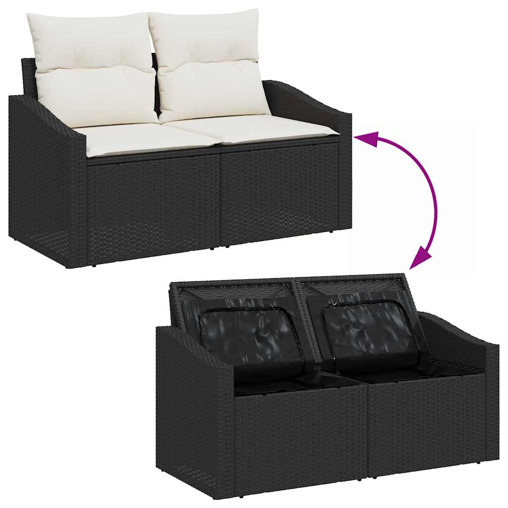 2-seters hagesofa med lagring og puter svart polyrotting