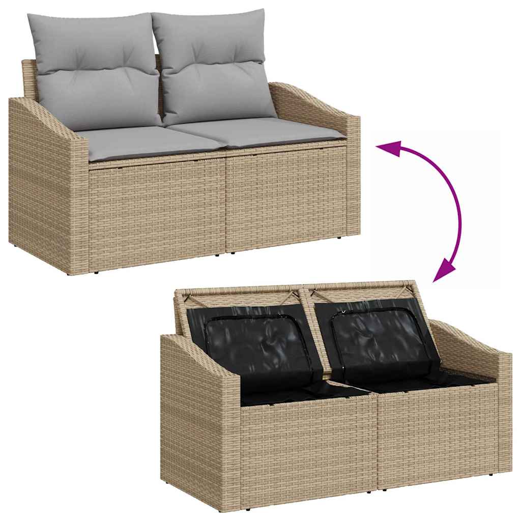 2-seters hage-sofa med lagring og puter beige polyrotting