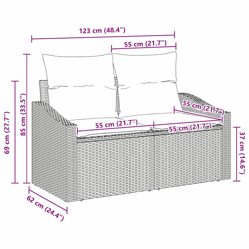 2-seters hage-sofa med lagring og puter beige polyrotting
