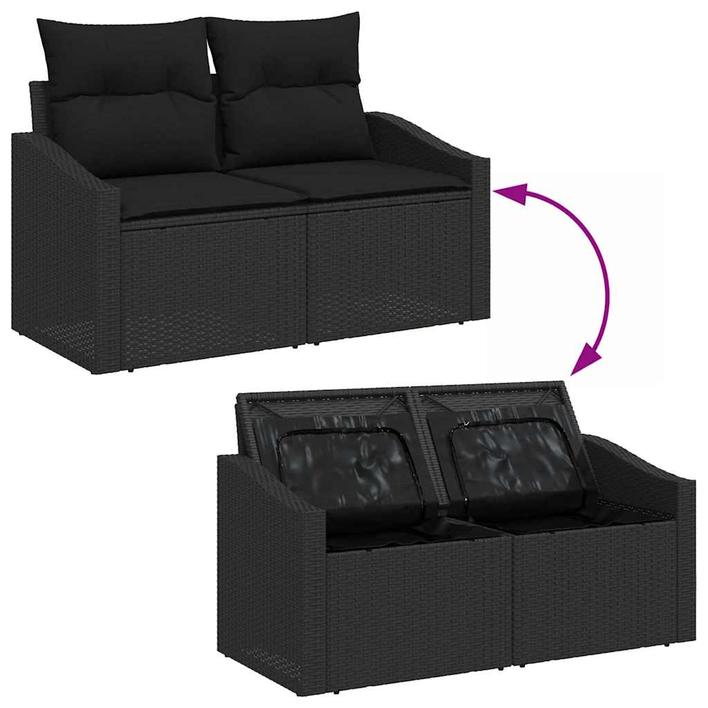 2-seters hagesofa med lagring og puter svart polyrotting