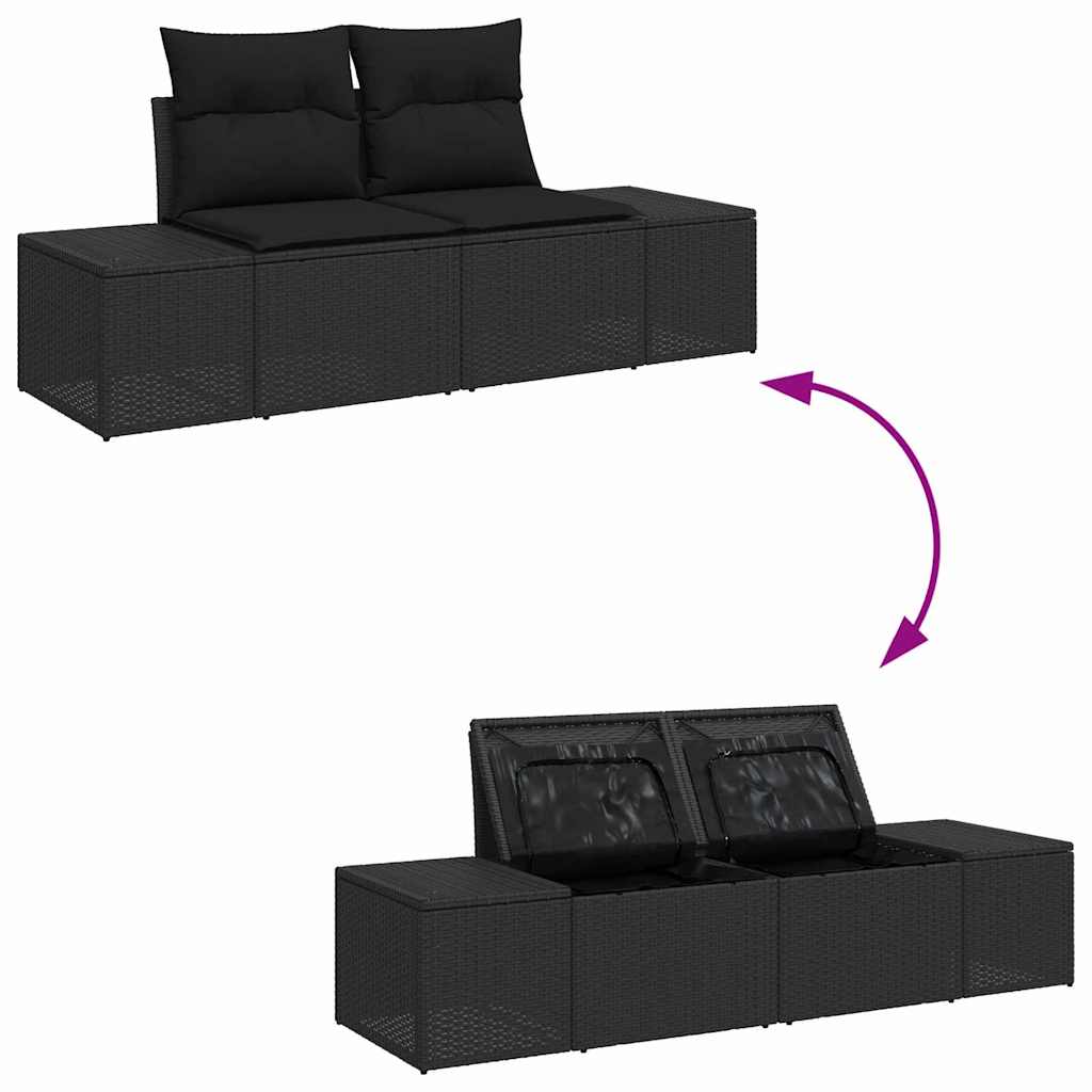 2-seters hagesofa med lagring og puter svart polyrotting