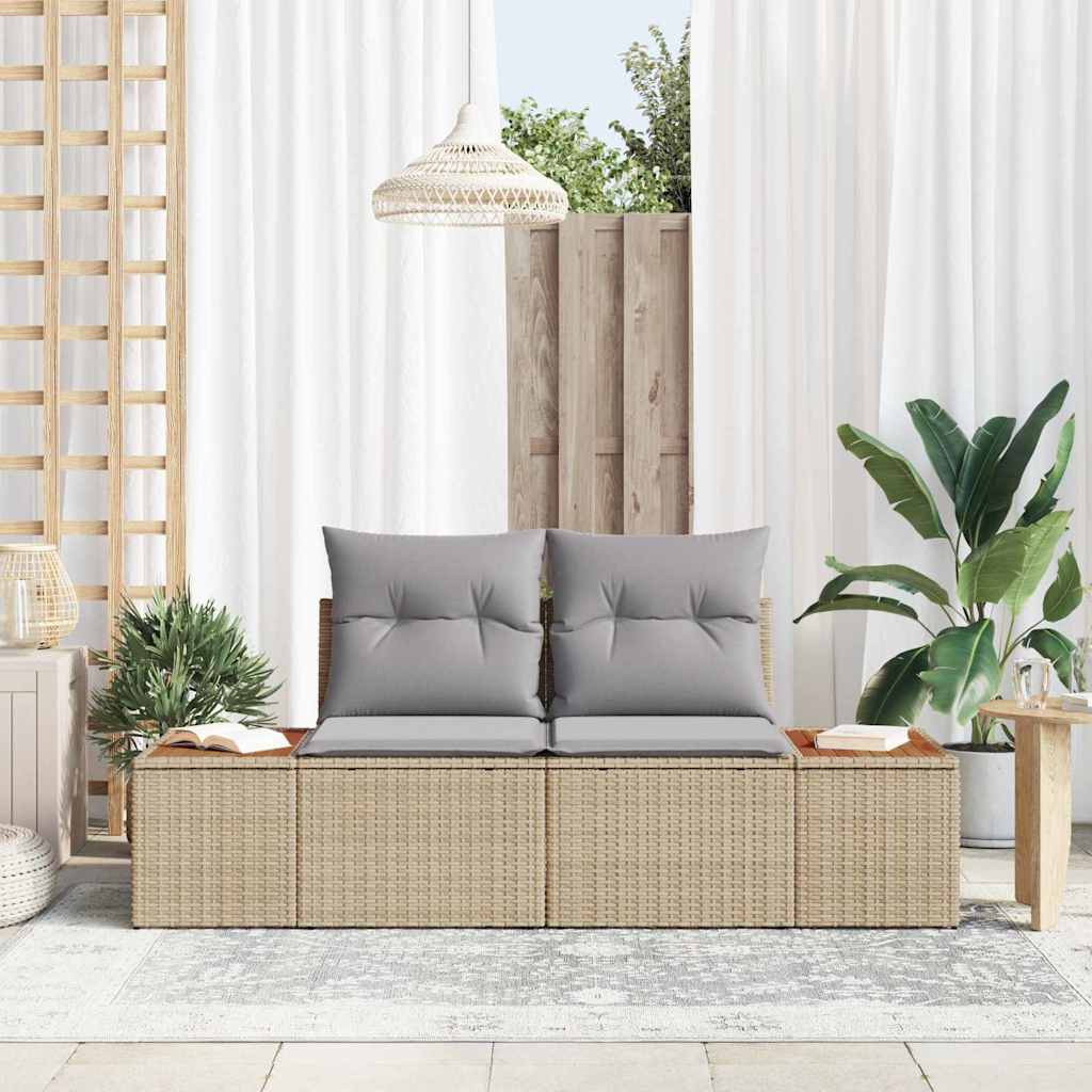 2-seters hagesofa med oppbevaring og puter i beige polyrotting