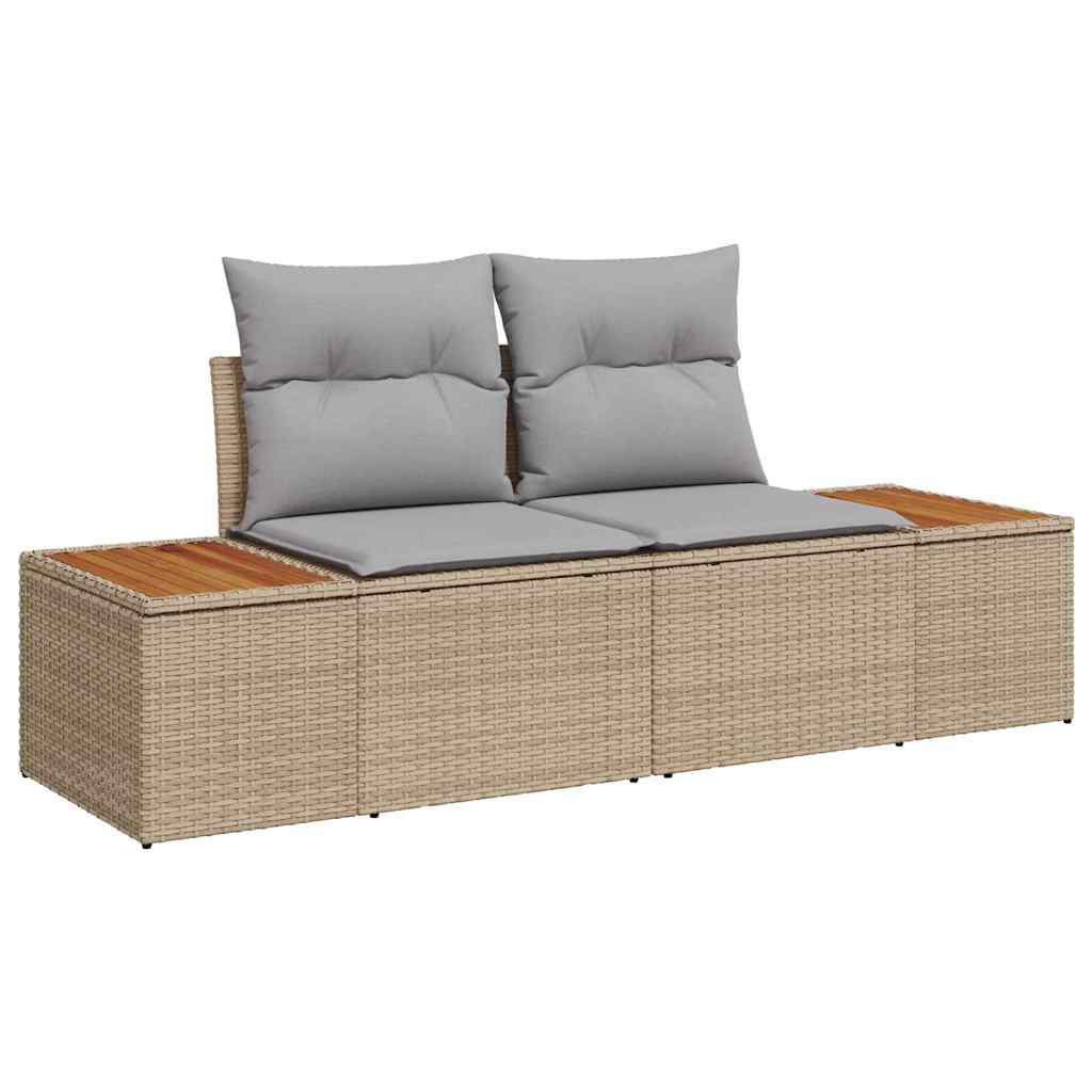 2-seters hagesofa med oppbevaring og puter i beige polyrotting