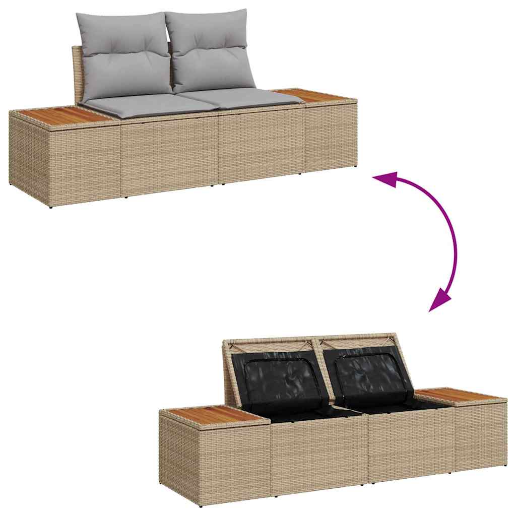 2-seters hagesofa med oppbevaring og puter i beige polyrotting