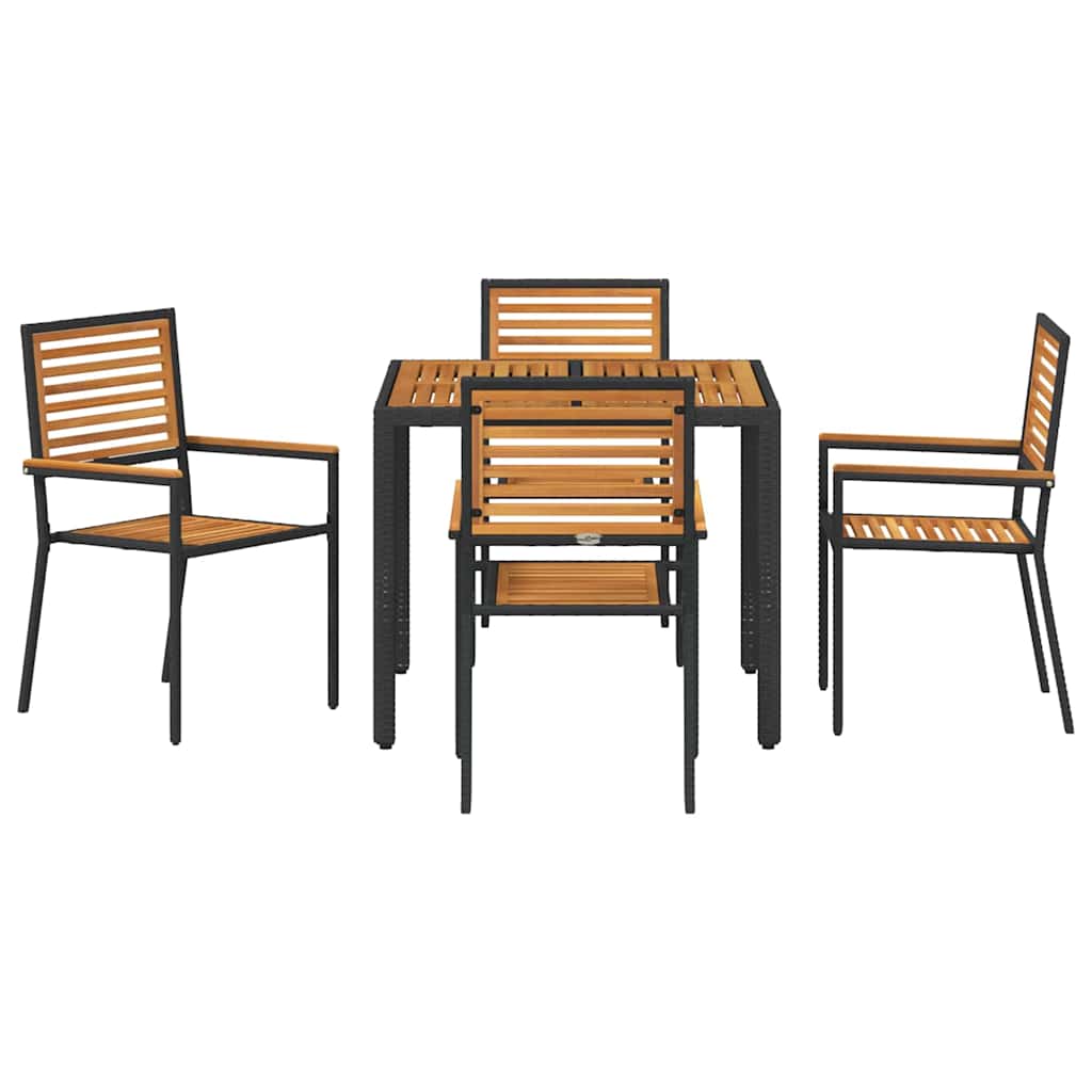 5-delt hagespisesett svart poly rattan akasie