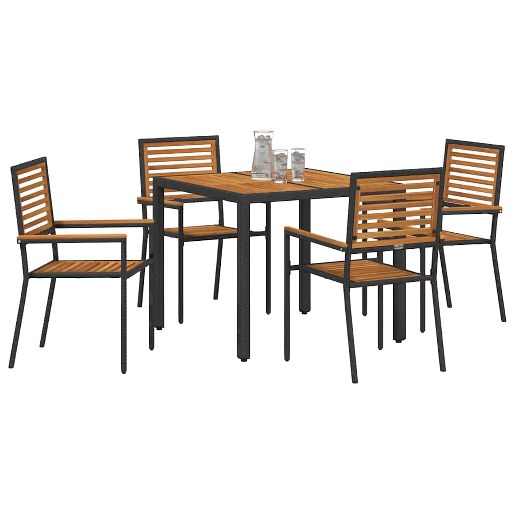 5-delt hagespisesett svart poly rattan akasie