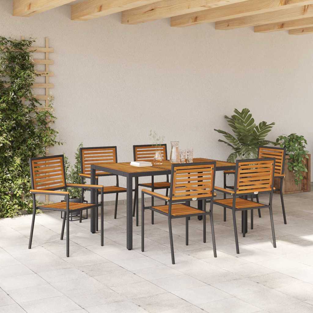 7 Delt Hage Spisegruppe Svart Poly Rattan Akacia