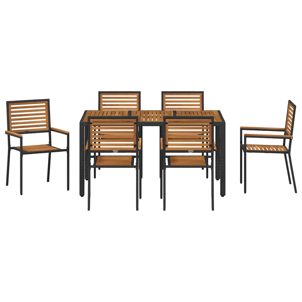 7 Delt Hage Spisegruppe Svart Poly Rattan Akacia