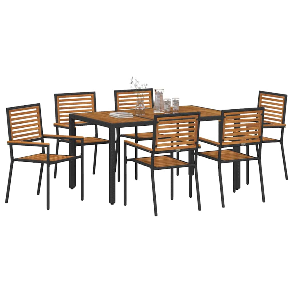 7 Delt Hage Spisegruppe Svart Poly Rattan Akacia